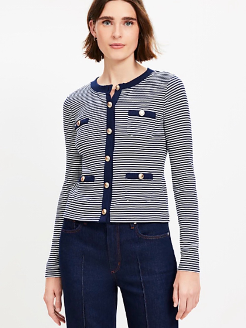LOFT navy white sailor stripe pocket cardigan